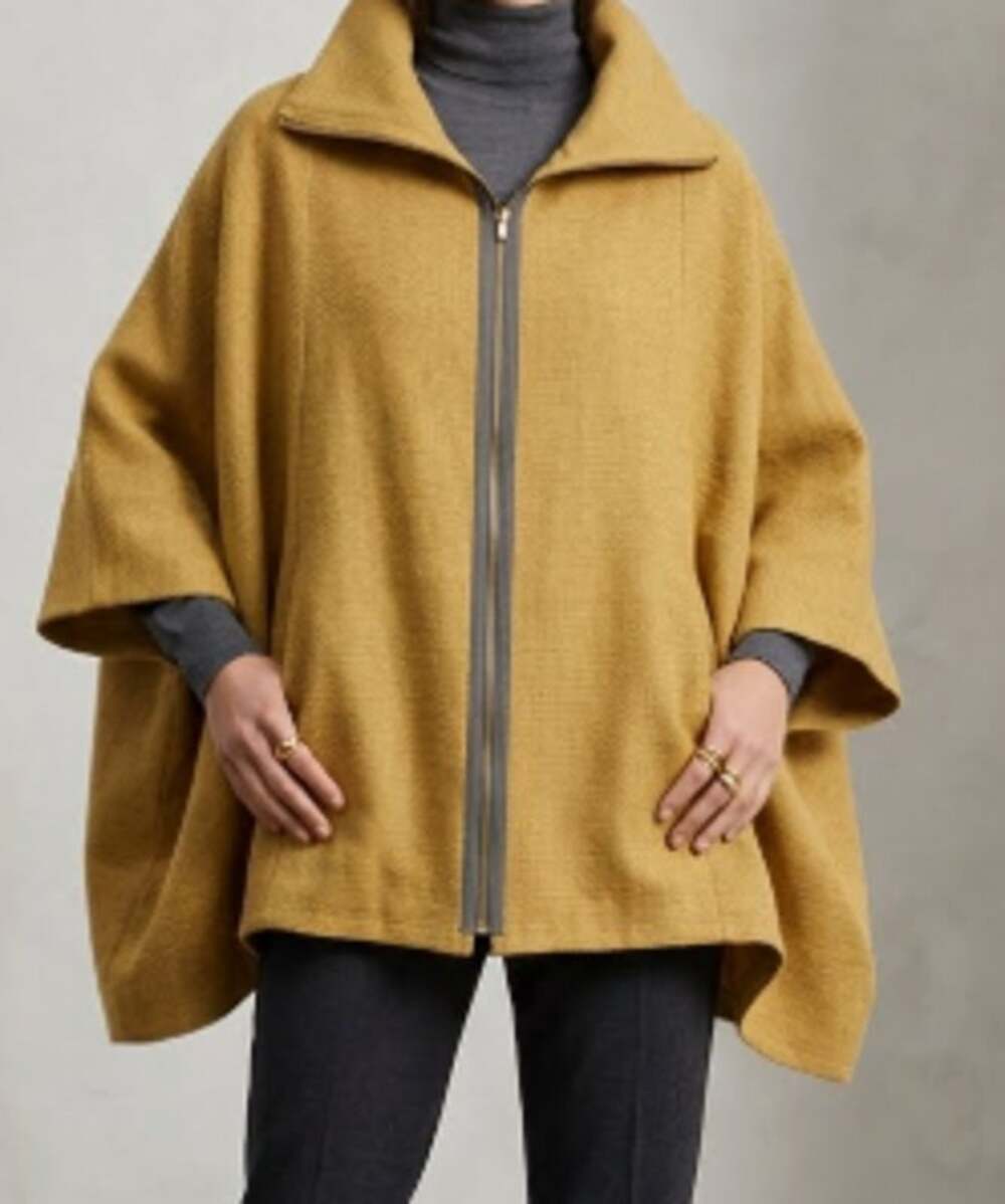 Lost Petal Linen Yellow Tweed Wool Blend Zip Front Poncho One Size